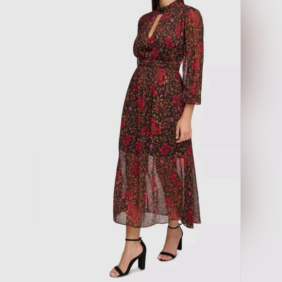 Guess Dresses & Skirts - Guess Womens Black Floral Chiffon Long Sleeve Cutout Lace Up Maxi Dress 6